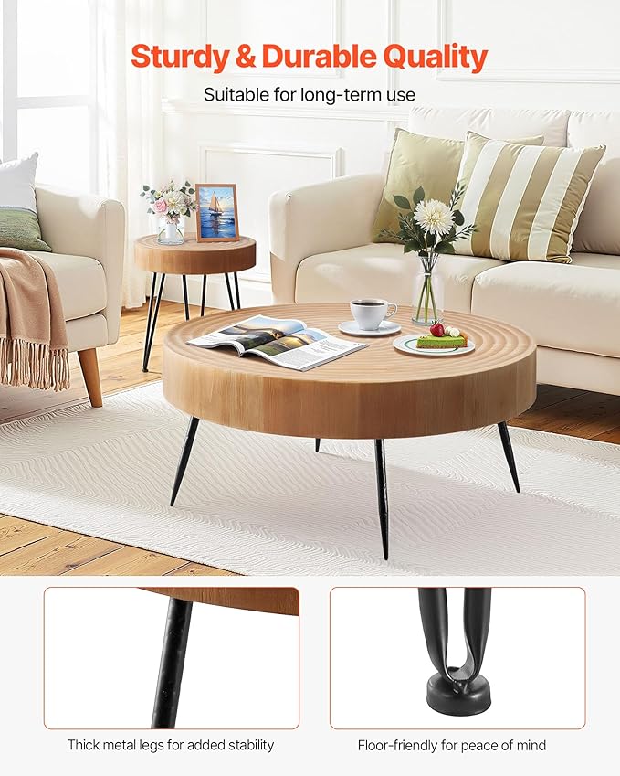 VEVOR 2 Pieces Round Coffee Tables Sets, 31.3 in Industrial Living Room Table with 1 End Side Table, Easy Assembly Coffee and End Tables Sets with Metal Legs, for Office, Living Room and Apartment