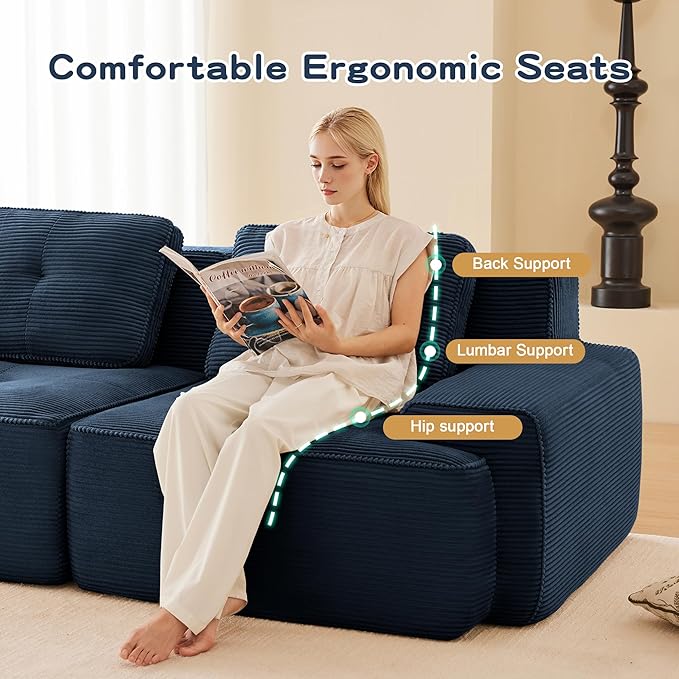 115.3” Blue Boneless Couches for Living Room, Modular Sectional Sofa, 3 Seater Comfy Upholstered Deep Seat Corduroy Fabric Cloud Couch No Assembly, Anti-Slip Design