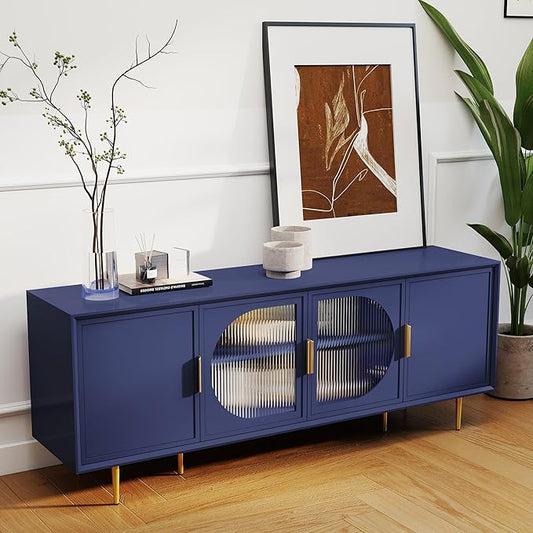 66" Modern TV Stand for TVs up to 75",TV Cabinet with Glass Door,Entertainment Center with Storage,Television Stands with Gold Legs,Media Console for Bedroom,Living Room,Blue