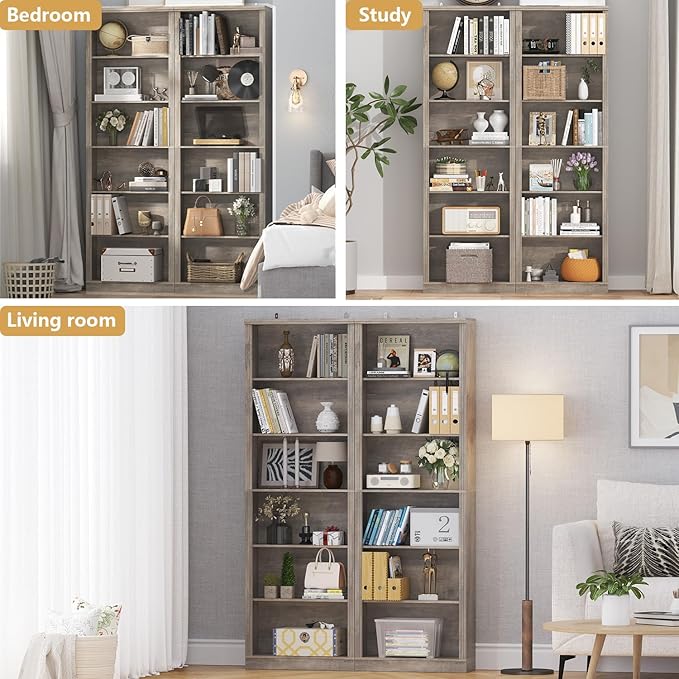 75" Tall Bookshelf & Bookcase Set of 2, 6-Tier Adjustable Storage Shelves, Book Shelf with Anti-Tipping Device, Floor Standing Modern Display Rack for Living Room, Bedroom, Office, Grey