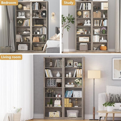 75" Tall Bookshelf & Bookcase Set of 2, 6-Tier Adjustable Storage Shelves, Book Shelf with Anti-Tipping Device, Floor Standing Modern Display Rack for Living Room, Bedroom, Office, Grey