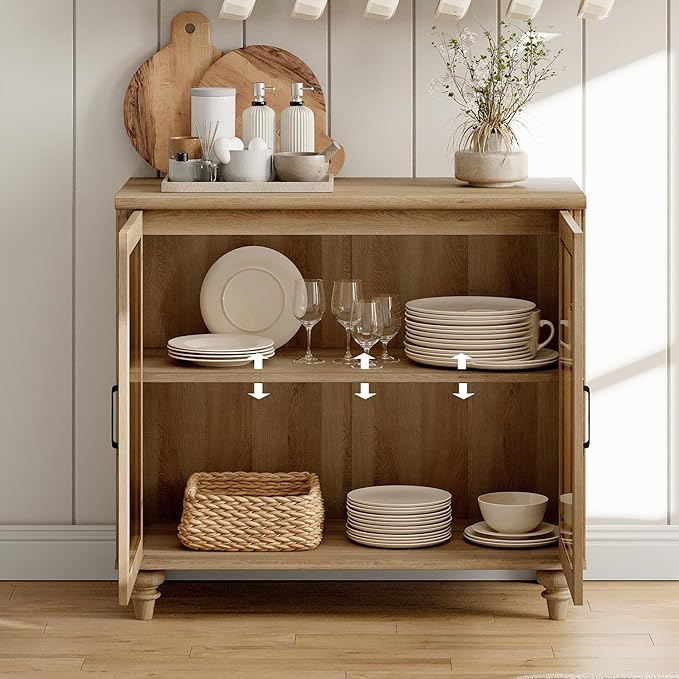 WAMPAT 5 Tier Bookshelf 72" Tall Bookcase with Glass Doors,Large Farmhouse Display Book Shelf with Adjustable Shelves and Storage Cabinet，Library Wood Bookshelves for Living Room,Kitchen, Oak