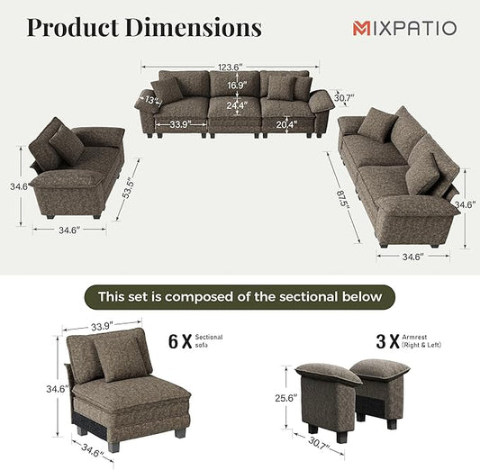 U-Shaped Cloud Modular Sofa Set, Deep Seat 3-Piece 6-Seater Sectional Couch & Removable Arms, Plush Chenille for Living Room - Smoky Gray