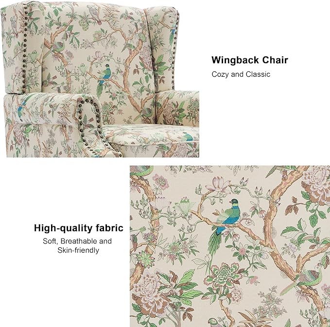 Accent Chair, Upholstered High Back Floral Armchair with Nailhead Trim & Wood Legs, Comfy Wingback Reading Single Sofa Chair