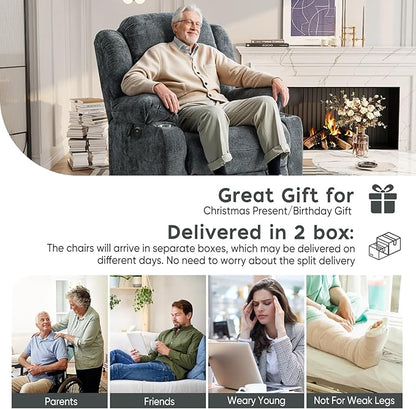 ABCASA Large Dual Motor Lay Flat Power Lift Recliner Chair for Elderly with Heat ＆ Massage, Comfortable Chenille Recliner, Cup Holder, Side Pocket,USB-A ＆ C Ports, Gray Blue