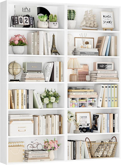 FOTOSOK 70.8" Tall Bookcase Shelf, 6 Tier Wide Bookshelf with Storage, Billy Bookcase Set of 2, Large Bookshelf for Living Room, Home Office, White
