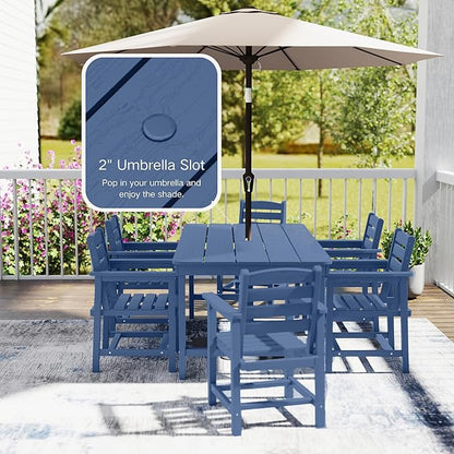 7 Piece Patio Dining Set with 11ft Patio Umbrella (Rose Pink), 7 Navy Outdoor HDPE Dining Set with 6 Chairs + 1 Large Table, for Market, Pool, Garden, Backyard, Deck