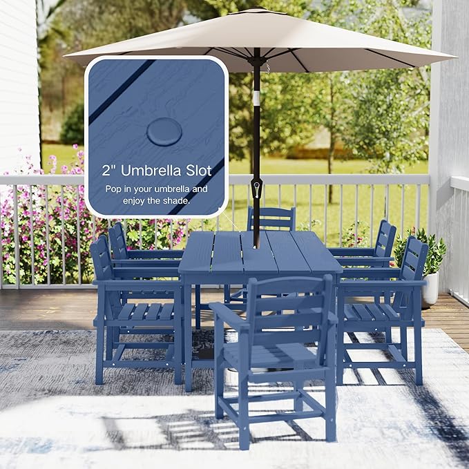 7 Piece Patio Dining Set with 11ft Patio Umbrella (Yellow), 7 Navy Outdoor HDPE Dining Set with 6 Chairs + 1 Large Table with 2" Umbrella Hole, for Market, Pool, Garden, Backyard, Deck