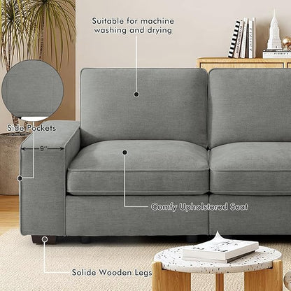 TEKAMON 100" Modular Sectional Sofa with Seats Storage, L Shaped Couch with Movable Ottoman, Chenille Fabric Couch for Living Room, Office, Deep Seat, USB Charging,Removable Cover (Light Grey)