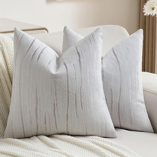 FUTEI Grey Chenille Decorative Throw Pillow Covers 18x18 Inch Set of 2,Soft Embossed Striped Textured Cushion Case,Modern Home Decor for Couch Bed Living Room