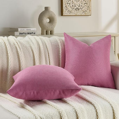 FUTEI Hot Pink Chenille Throw Pillow Covers 18x18 Inch Set of 2,Soft Wide Chevron Textured Cushion Case,Farmhouse Home Decor for Couch Bed Living Room