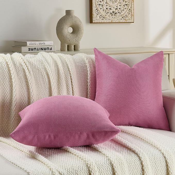 FUTEI Hot Pink Chenille Throw Pillow Covers 22x22 Inch Set of 2,Soft Wide Chevron Textured Cushion Case,Farmhouse Home Decor for Couch Bed Living Room