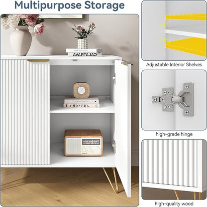 Storage Cabinet Set of 4, White Fluted Cabinet with Adjustable Shelves, Modern Coffee Bar for Kitchen, Living Room and Office