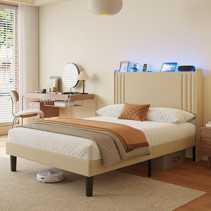 Gizoon Full Bed Frame with Charging Station and LED Lights,Upholstered Wingback Platform Bed with Wooden Slats,Noise-Free,No Box Spring Needed
