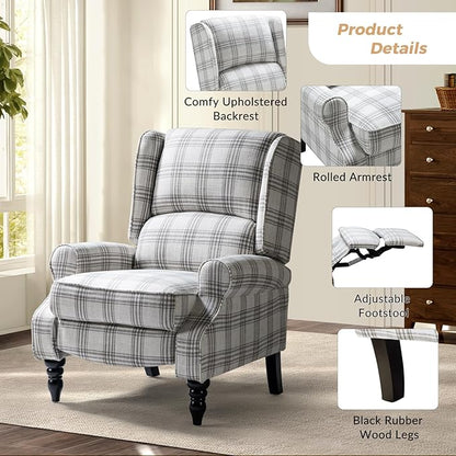 HULALA HOME Upholstered Wingback Recliner Chair Set of 2, Small Adjustable Footrest Push Back Single Reclining Sofa, Mid Century Modern Lounge Armchair for Living Room, Bedroom, Reading/Plaid Grey