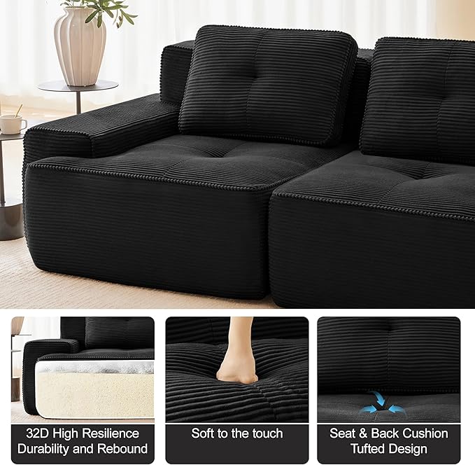 115.3” Black Boneless Couches for Living Room, Modular Sectional Sofa, 3 Seater Comfy Upholstered Deep Seat Corduroy Fabric Cloud Couch No Assembly, Anti-Slip Design