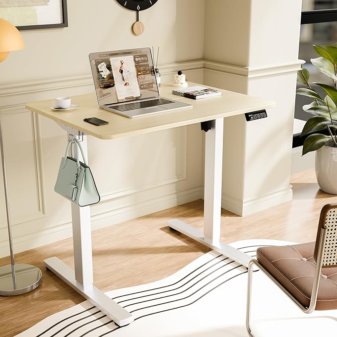 ERGOMAKER Electric Standing Desk, 31.5" x 23.6" Height Adjustable Sit Stand Desk with Splice Board for Home Office, Computer Desk Memory Preset (White Frame, Gold Oak Desktop)
