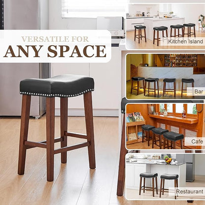 PrimeZone Counter Height Bar Stools Set of 8 - Backless Saddle Barstools with 4.3" Thick Upholstered, Nailhead Trim Faux Leather & Solid Wood Legs, 26 Inch Counter Stools for Kitchen Island, Black