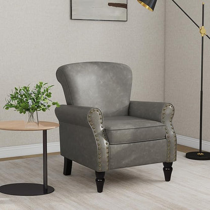 Accent Chair, Mid Century Modern Faux Leather Arm Chair with Wood Leg for Living Room, Bedroom, Comfy PU Leather Club Reading Chairs with Wingback & Nailhead Trim (Leather Grey, Set of 2)
