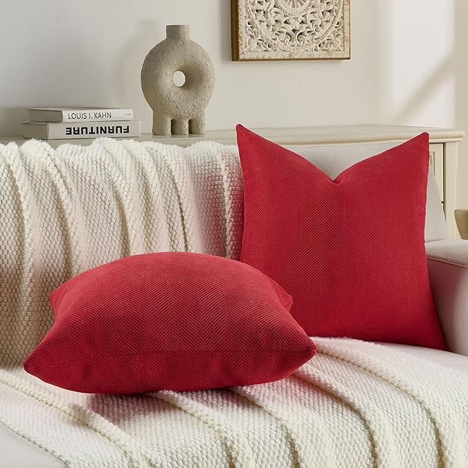 FUTEI Christmas Red Chenille Throw Pillow Covers 24x24 Inch Set of 2,Soft Wide Chevron Textured European Pillow Shams,Farmhouse Home Decor for Couch Bed Living Room