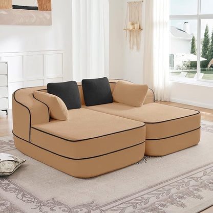 Cloud Sectional Sofa Modern Boneless Couch for Living Room, Comfy Deep Seat Comfy Teddy Fabric Double Sofa Chaise No Assembly Required (Camel, 77.2" Double Chaise Lounge)