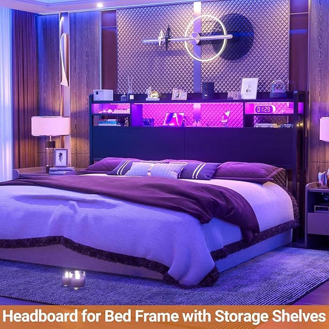 Aheaplus Headboard for King Size Bed with Storage, Headboards with LED Light, Power Outlets, USB Ports King Size Head Board, Wood headboard Only Sturdy and Stable Headboards, Modern, Black