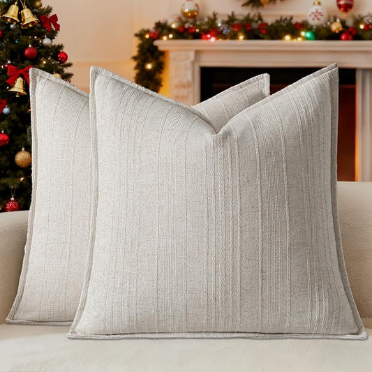 a moment Linen Pillow Covers Set of 2,Boho Farmhouse Throw Pillowcases Neutral Textured Decorative Covers for Couch Sofa, Soft Linen Blend Accent Case Cushion Christmas Home Decor 26"x26"Ivory
