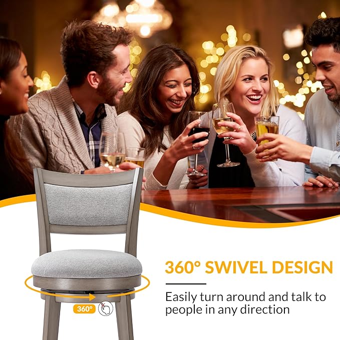 PrimeZone Swivel Bar Stools Set of 6, 26 Inch Counter Height Barstools, High Back Bar Stool with Solid Wood Legs & Wrap-Around Footrest, Counter Stools for Kitchen Island, Pub, Grey