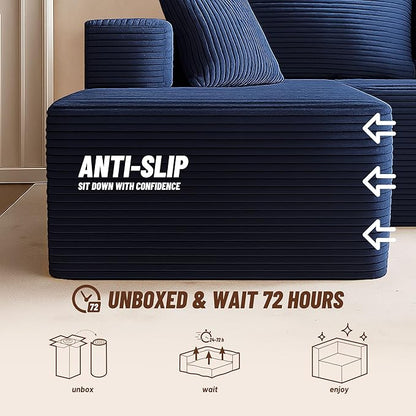 107" Boneless Couch with Deep Seat, Modular Sectional Sofa, Cloud Sectional Couch for Living Room, No Assembly Required, Corduroy, L-Shape Left，Blue