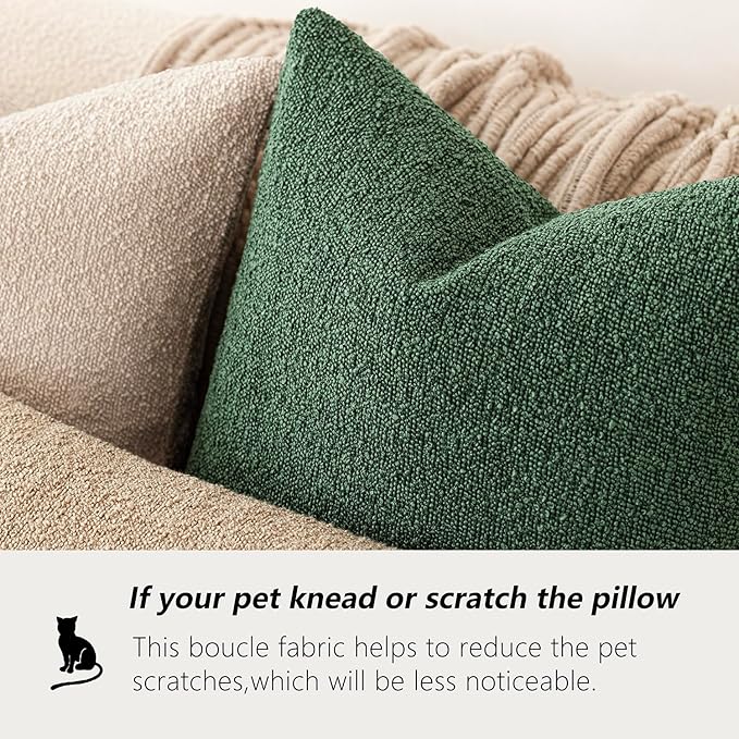 Foindtower Set of 2, Decorative Textured Boucle Throw Pillow Covers Accent Solid Pillow Cases Neutral Cozy Couch Cushion Case for Chair Sofa Bedroom Living Room Home Decor 26x26 Inch Pine Green