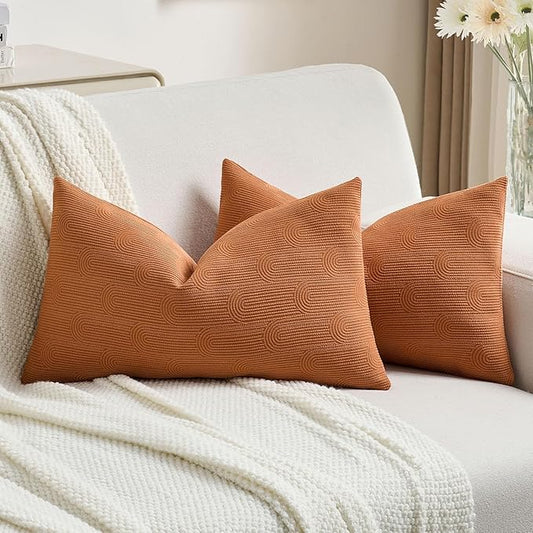 FUTEI Burnt Orange Chenille Decorative Throw Pillow Covers 12x20 Inch Set of 2,Soft Cozy Striped Geometric Patterns Lumbar Pillow Cases,Modern Home Decor for Couch Bed Living Room