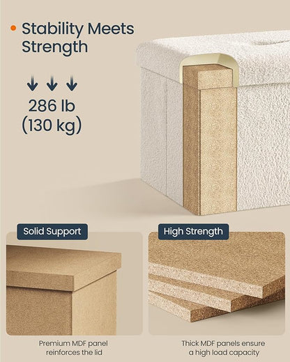 SONGMICS Small Folding Storage Ottoman, Foot Rest Stool, 12.2 x 16.1 x 12.2 Inches, Ottoman with Storage, Load up to 286 lb, for Living Room, Bedroom, Dorm, Cream White ULSF094W01