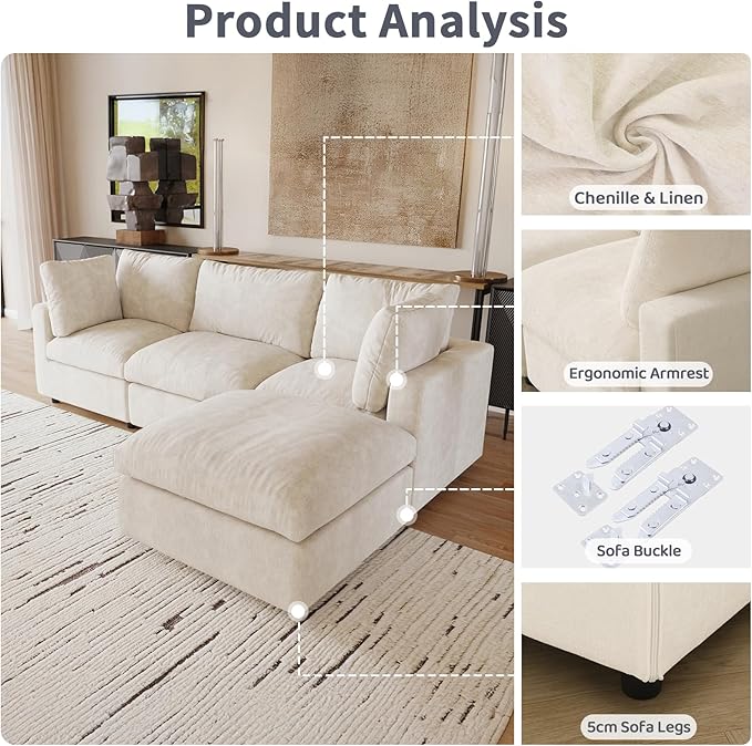 WJShome Cloud Couch Modular Sectional Sofa,100.5" V Shaped Couch, Convertible Wide Seater, 5 Seater for Living Room Set,Covers Washable&Replaceable,Beige