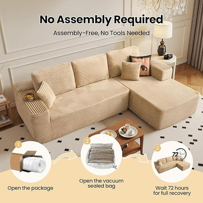 104" Cloud Sectional Couch with Chaise, Boneless L-Shaped Cloud Couch with Deep Seat, Soft Plush Modern Minimalist Sofa, Assembly Free Comfy Sofa for Office Living Room Apartment(Beige, Right Chaise)