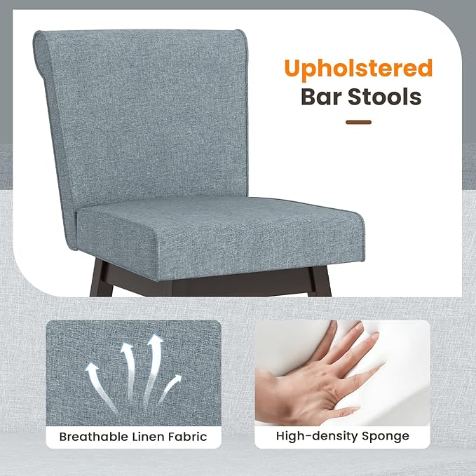 COSTWAY Swivel Bar Stools Set of 4, 27" Counter Height Bar Chairs with Rubber Wood Legs, Upholstered Linen Barstools with Back & Cushioned Seat, for Kitchen Island, Home, Pub, Grey