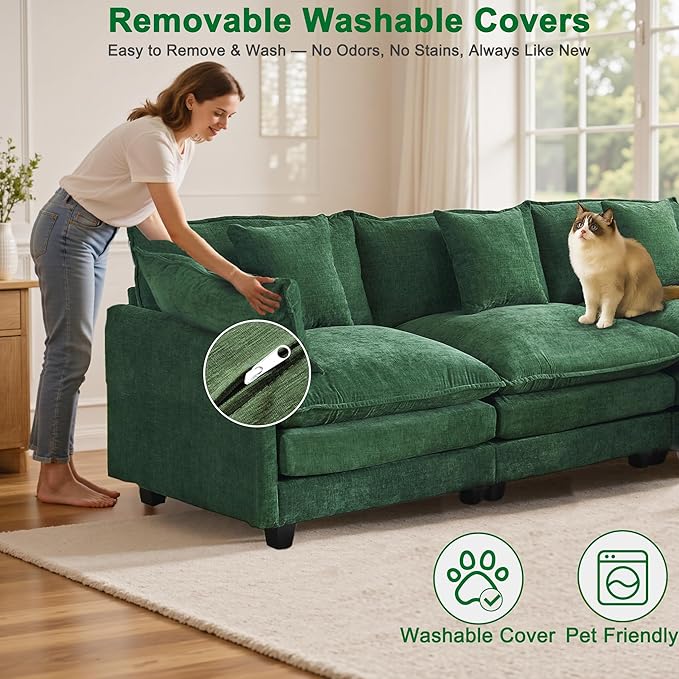 U-Shaped Cloud Chenille Sectional with 2 Ottomans, 146" Modular Sofa for Large Spaces, Ultimate Comfort with Deep Seats & Pillows, Solid Frame, 1YR Warranty