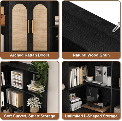 74" Tall Corner Bookshelf with 2 Arched Rattan Doors, 6-Tire L Shaped Bookcase with 16 Open Storage Shelves, Boho Large Corner Shelf with Cabinet for Living Room, Home Office