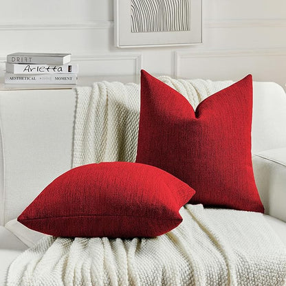 FUTEI Christmas Red Chenille Decorative Throw Pillow Covers 16x16 Inch Set of 2,Soft Cozy Faux Linen Textured Cushion Case,Farmhouse Home Decor for Couch Living Room