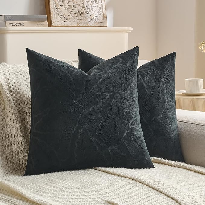 FUTEI Black Velvet Throw Pillow Covers 18x18 Inch Set of 2,Soft Embossed Leaf-Relief Textured Cushion Cases,Natural Home Decor for Couch Living Room