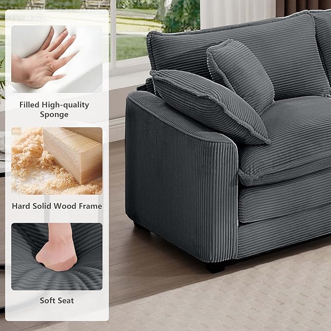 mikibama Luxury 2 Piece Sofa Set, 3-Seater & Loveseat Couch Set, Modern Corduroy Comfy Cloud Couches Set for Living Room Office with 4 Armrest Pillows and 5 Toss Pillows, Grey