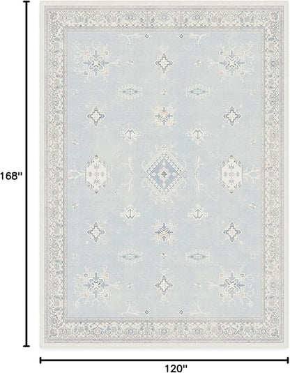 RUGGABLE Washable Vintage Area Rug – Verena Soft Blue 10x14, Stain-Resistant, Non-Slip – Large Machine Washable Rugs for Living Room, Bedroom, Hallway, Entryway & Office–with Cushioned Pad