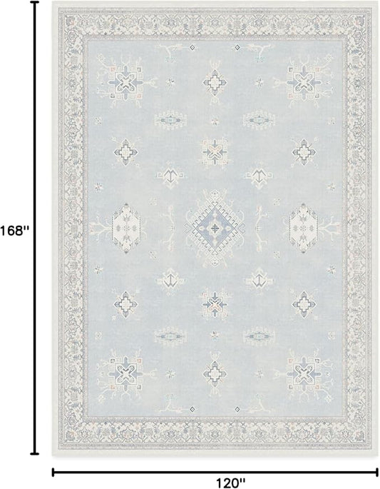 RUGGABLE Washable Vintage Area Rug – Verena Soft Blue 10x14, Stain-Resistant, Non-Slip – Large Machine Washable Rugs for Living Room, Bedroom, Hallway, Entryway & Office–with Cushioned Pad