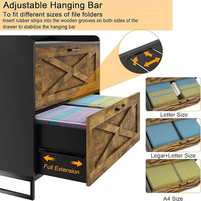 Lateral File Cabinet with Charging Station, 2 Drawer File Cabinet for Letter/Legal/A4 Size Hanging Files, Large Wood File Storage Cabinets, Rustic Brown and Black