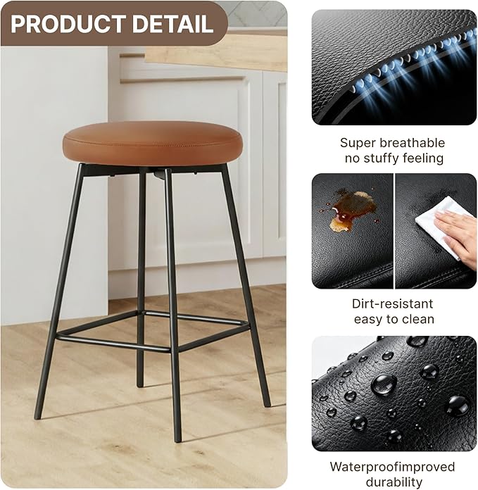 Swivel Bar Stools Set of 2, 24" Counter Height Bar Stool, Backless Barstools with Faux Leather Upholstered Seat&Sturdy Wood Legs for Kitchen Island, Brown
