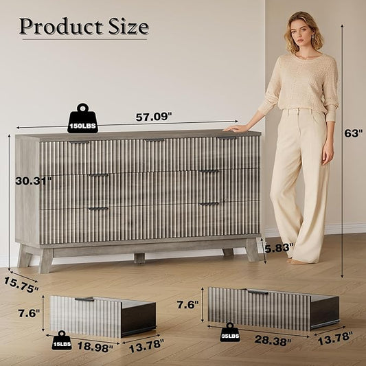 57" Long Dresser for Bedroom, 7-Drawer Fluted Chest, Wide Wood Storage Dresser with Metal Slides and Handles, Stable Base, Modern Clothes Organizer for Primary Suite, Guest Room, Nursery