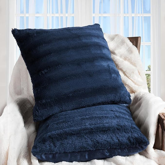 Cheer Collection Faux Fur Throw Pillows - Decorative Pillows for Couch, Bed Throw Pillows, Blue Accent Pillows for Bedroom or Living Room Aesthetic, Set of 2 Furry Throw Pillows, 26" x 26"