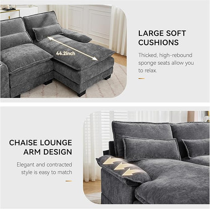 125'' U Shaped Cloud Modular Sofa with Chaise Lounges, Chenille Upholstered Comfy Sectional Couch with Storage Console, USB Charging Ports & Cup Holders, Modern Deep Seat Sofa for Living Room, Grey