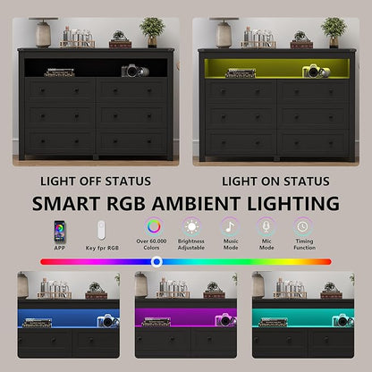 Dresser for Bedroom with 6 Drawers, Wide Chest of Drawers with LED Light and Power Outlet, Wooden Closet Organizer Clothes Storage Cabinet, Modern Double Dressers for Living Room, Hallway, Black