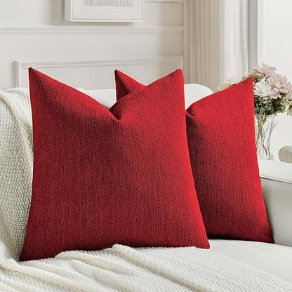 FUTEI Christmas Red Chenille Decorative Throw Pillow Covers 16x16 Inch Set of 2,Soft Cozy Faux Linen Textured Cushion Case,Farmhouse Home Decor for Couch Living Room