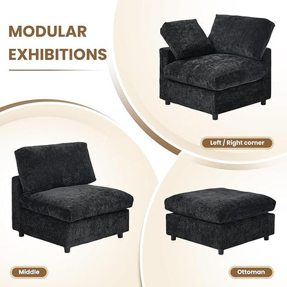 WJShome Modern V Shaped Sectional Couches for Living Room,100 Inch 5-Seater Chenille Deep Seat Modular Sofa with Ottoman, Cloud Couch for Bedroom and Apartment，Black